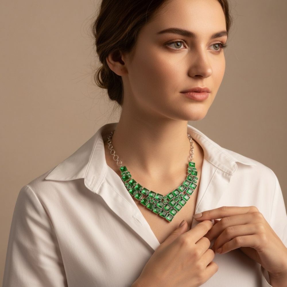 Sterling Silver and Peridot Large Bib Statement Necklace - Picture 2 of 4